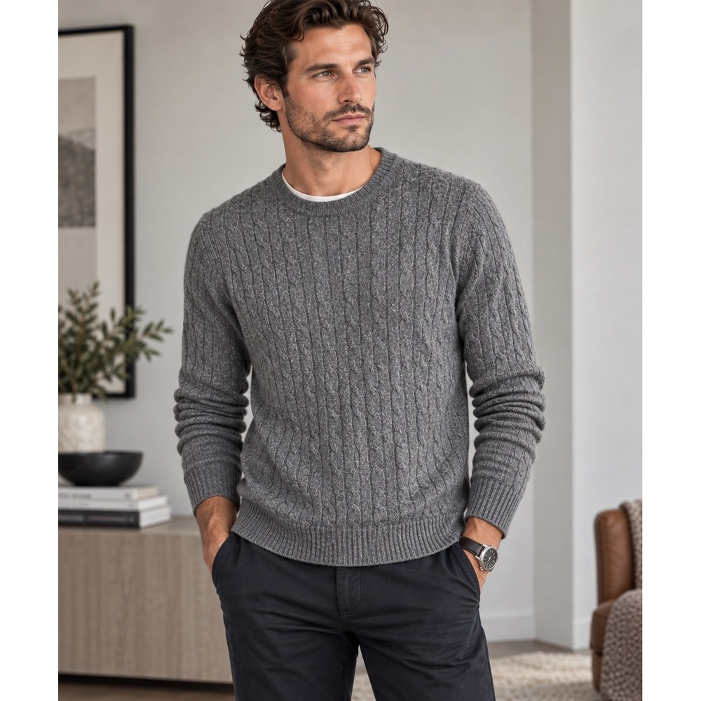Elliot Mulrayan Cashmere Sweater Men's Medium‎ Luxury Cable Knit Crewneck Gray